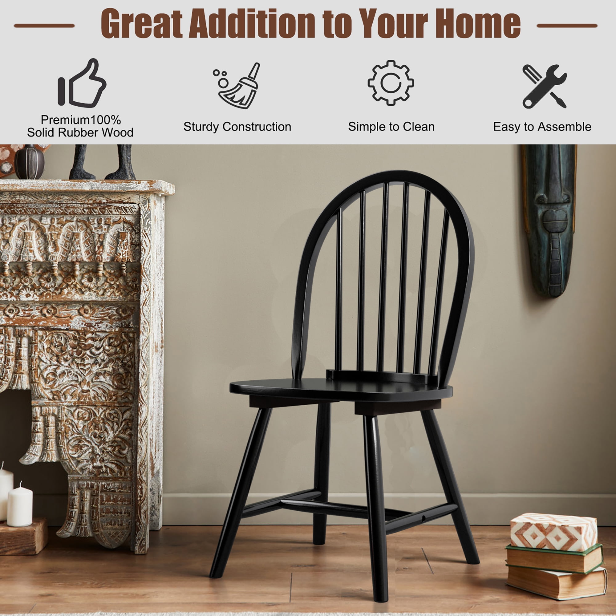 Costway Set of 2 Vintage Windsor Dining Side Chair Wood Spindleback Kitchen Room Black