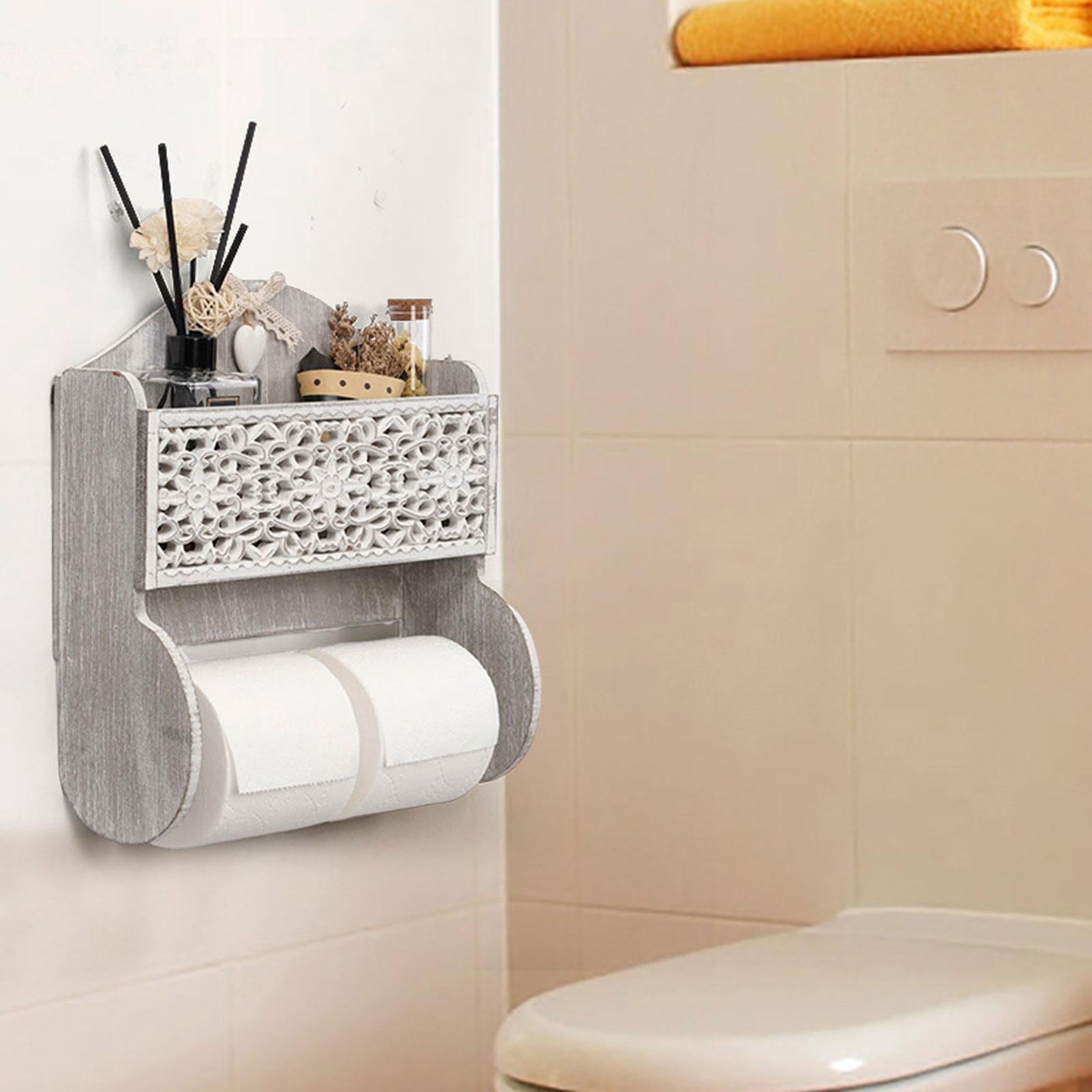 Fiocias Paper Towel Roll Holder with Top Storage Shelf Wooden Wall Mount Farmhouse Style