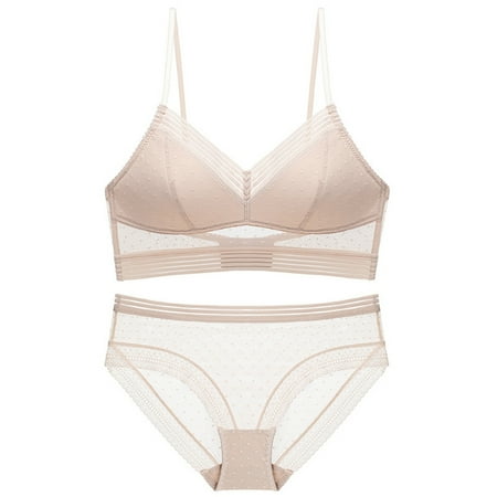 

ZUARFY Women French Style 2 Piece Bra Panties Set Sexy Backless Invisible Wireless Bralette Striped Polka Dot Sheer Mesh Lace Briefs Underwear Lingerie