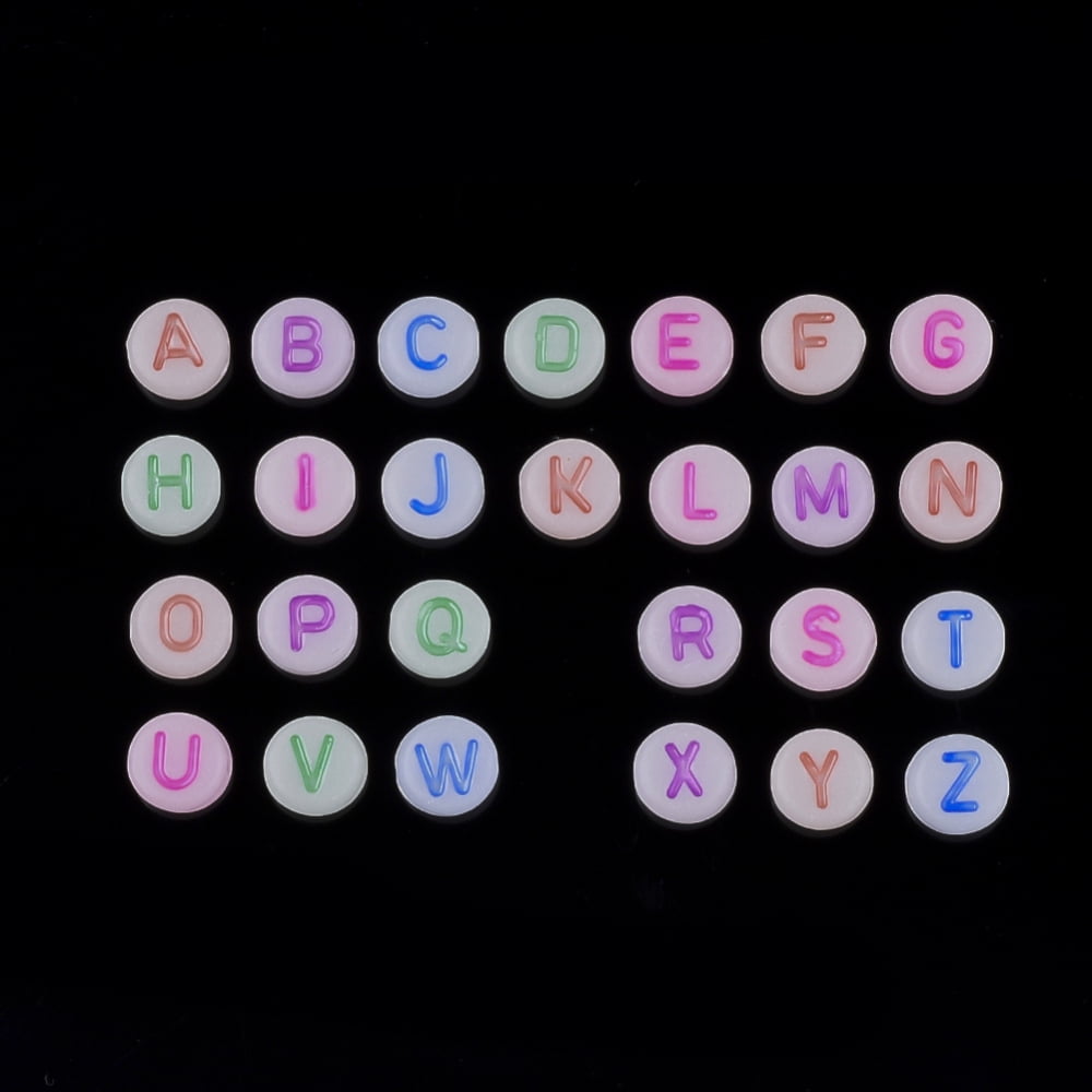 Luminous Acrylic Beads Horizontal Hole Random Mixed Letters Flat Round with Letter Mixed Color 7x3.5~4mm Hole: 1.2mm about 3700pcs/500g