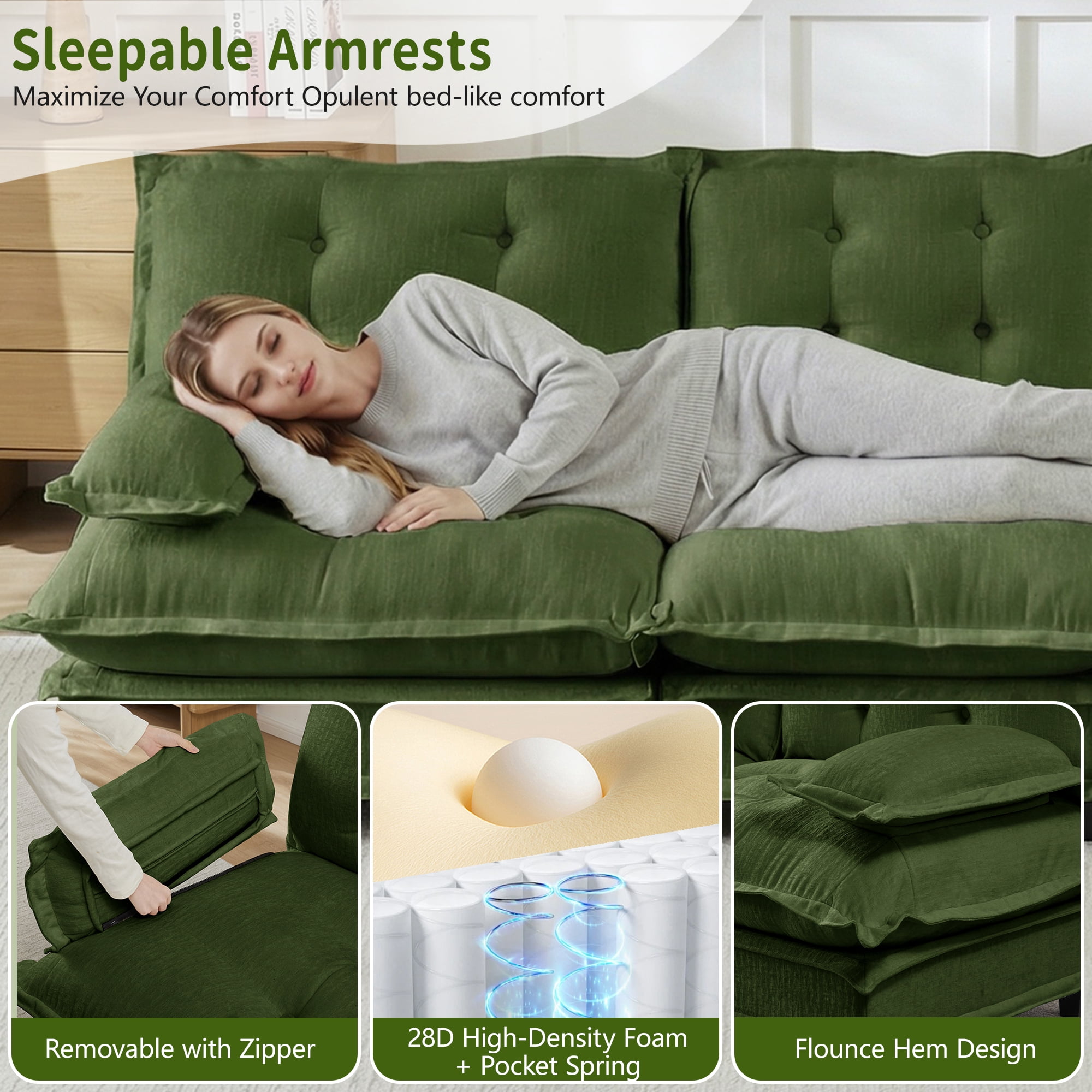 Alvantor U-Shaped Sectional Sofa 3-Seater Cloud Couch for Living Room, Easy Assembly Green