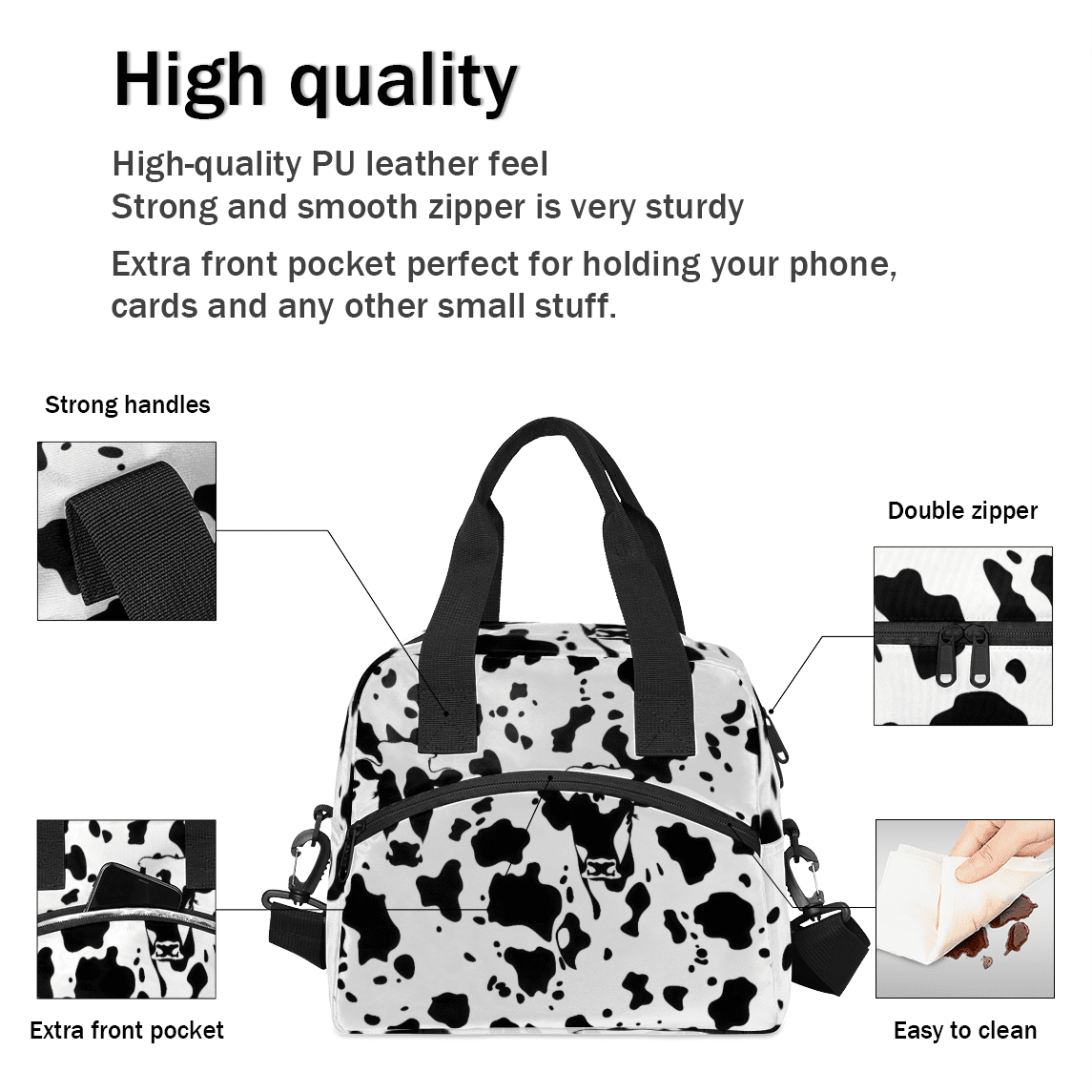 Herdesigns Funny Cow Print Insulated Lunch Bag for Women Men Adults Large Reusable Lunch Box Leakproof Portable Cooler Tote Bags with Adjustable Shoulder Strap
