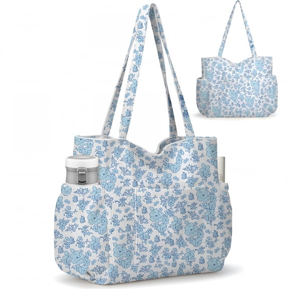 AOMRCOL Multiple Pockets Corduroy Bag, Large Tote Bag for Women, Ladies Bag Casual Handbags(Blue Flower)