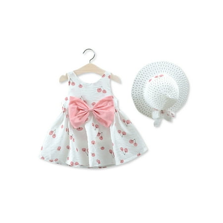 2-piece Baby / Toddler Fruit Apple Cherry Allover Bow Decorative Dress and Hat