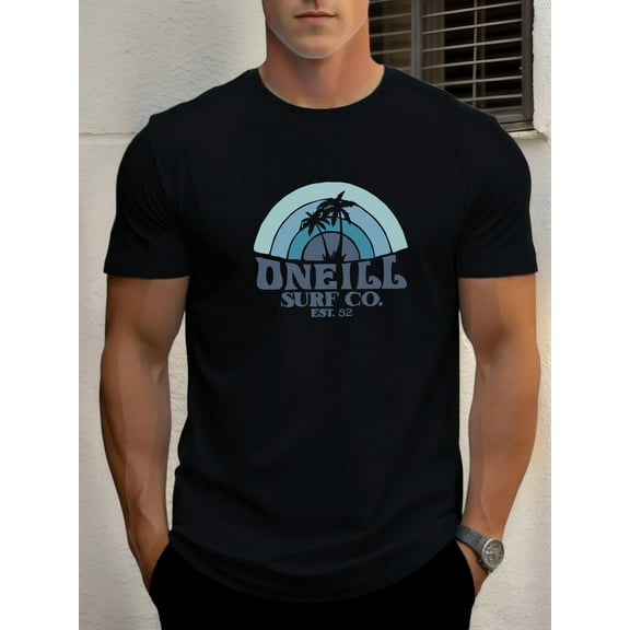 ONEILL Men's Surf Co. Graphic Print Casual T-Shirt - Summer Short Sleeve Round Neck Tee with Palm Tree & Wave Design, White & Blue, Regular Fit for Beach, Surfing & Casual Attire