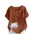thumbnail image 2 of Staron Liquidation Chemises d'Été pour Femmes 2025 Manches Courtes Retroussées Coton Lin Chemises d'Été Grande Taille Chic Col Rond Imprimé Floral Décontracté Tendance Coupe Ample Hauts, 2 of 4