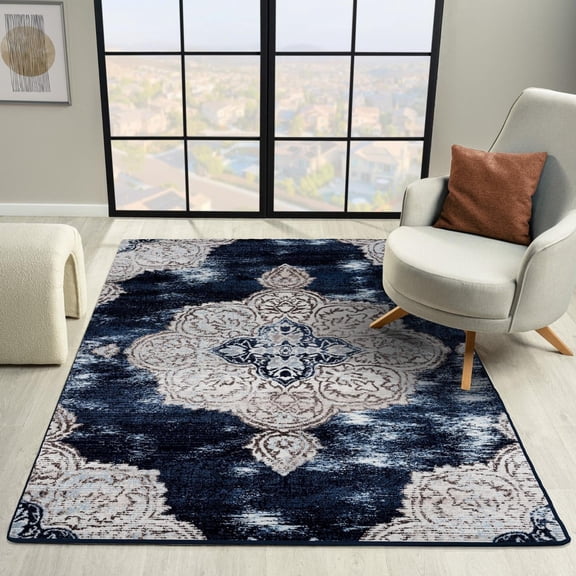 Luxe Weavers Bohemian Medallion Navy Blue 5x7 Area Rug for Living Room