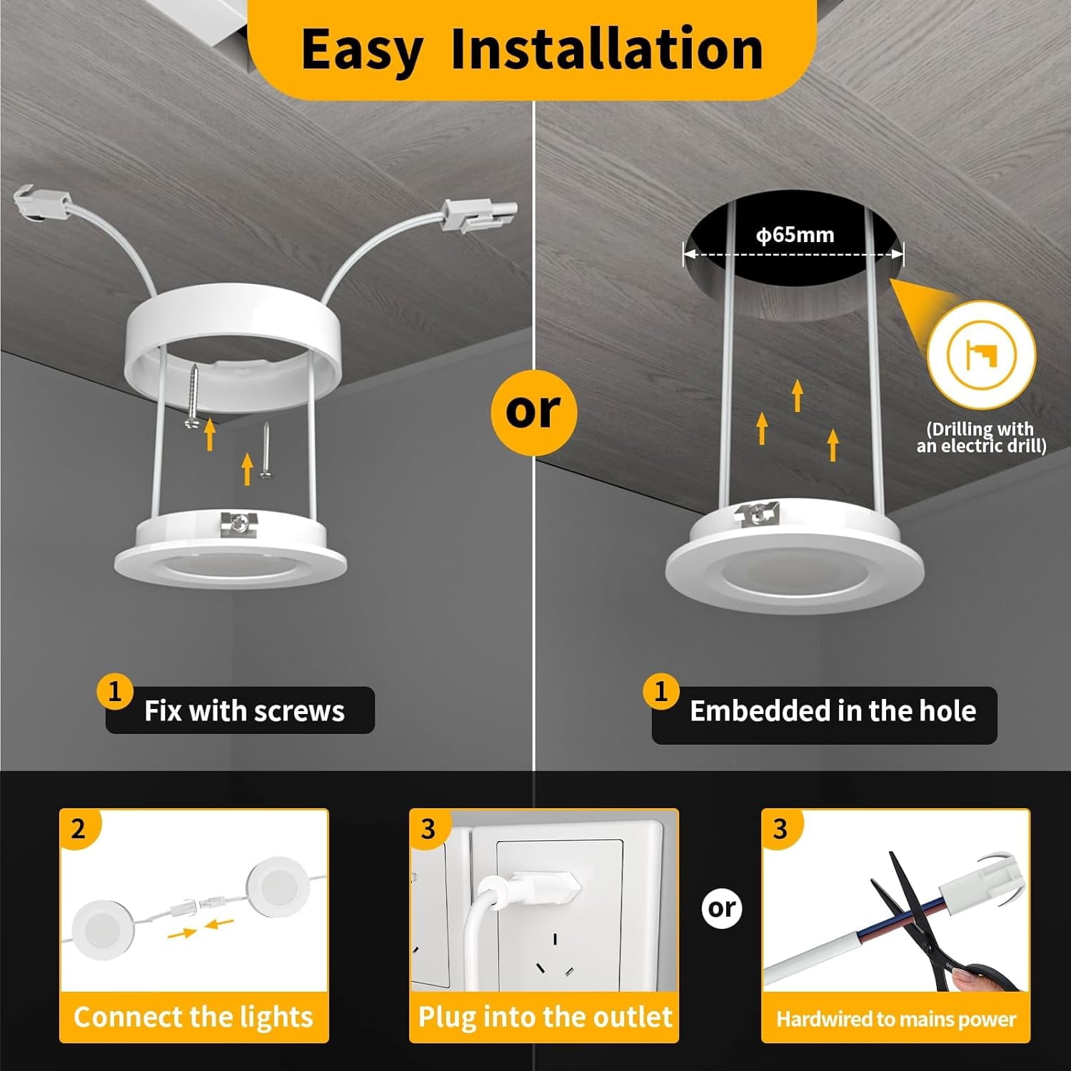 Hardwired LED Puck Lights with Switch - 3 Pack, Linkable Under Cabinet Lighting for Kitchen, Shelf, Bookcase & Pantry, Warm White 3000K, 120V, Recessed or Plug-In Install