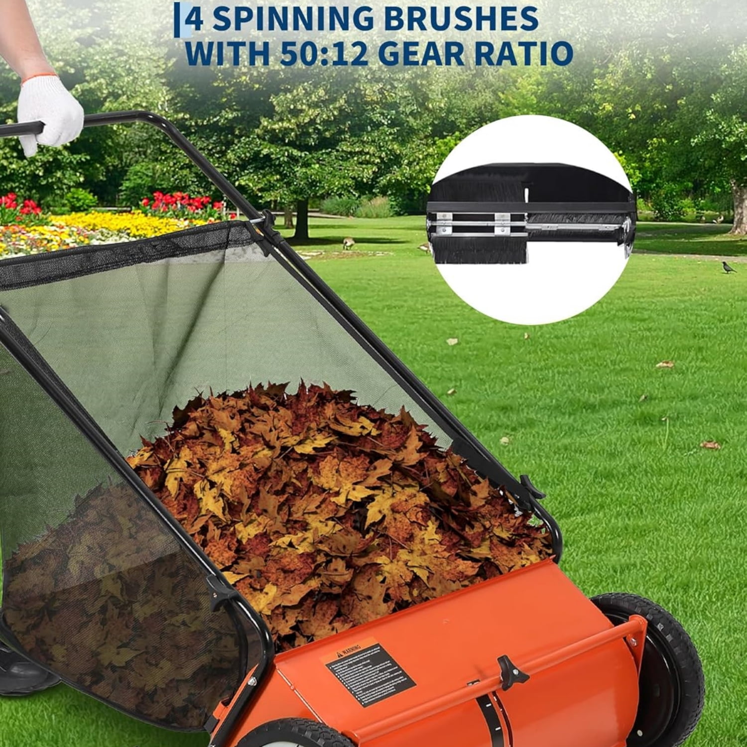 Riedhoff 26" Push Lawn Sweeper,4 Spinning Brushes, 7 Cu. Ft Capacity Collection Bag, Adjustable Height, Orange