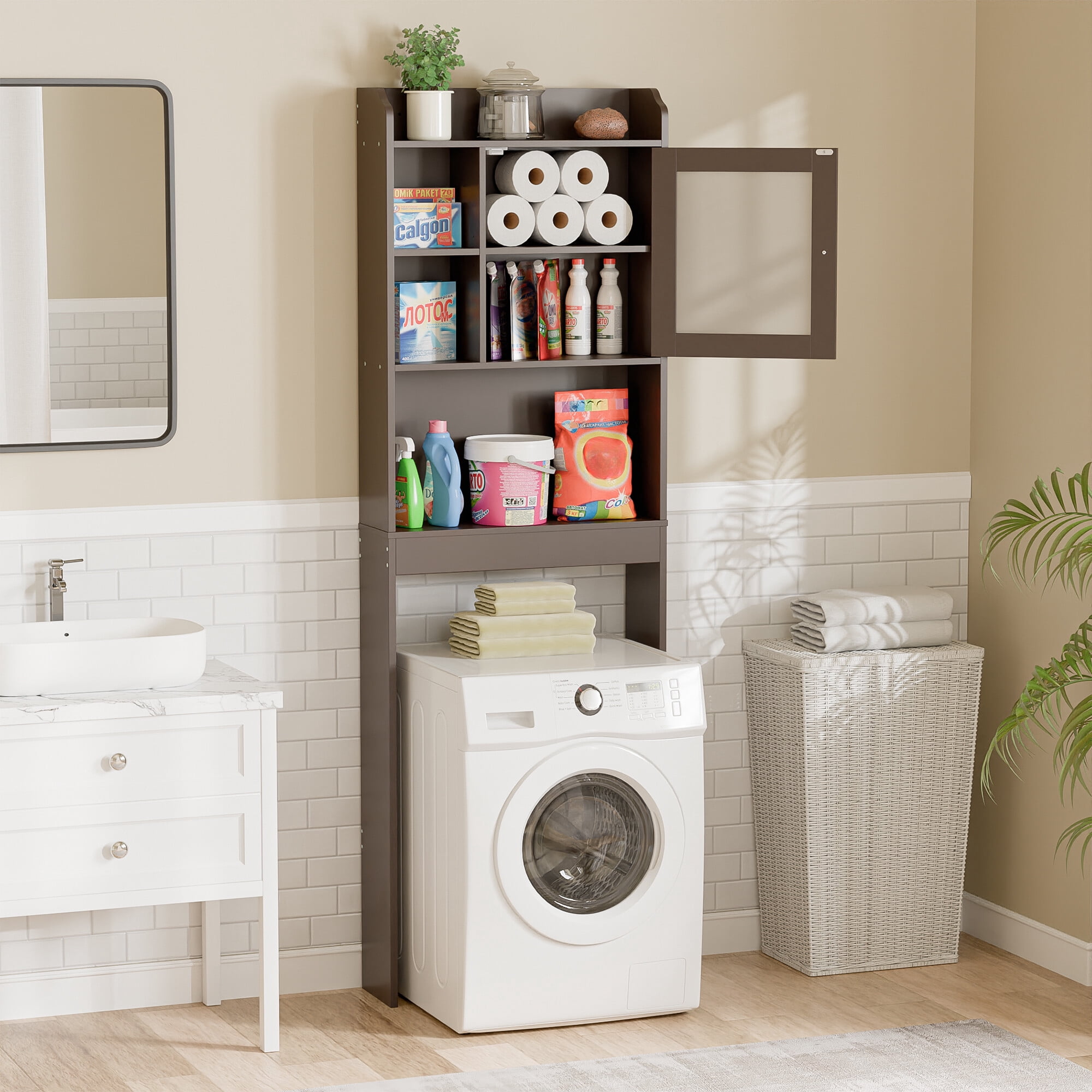 ZENY Over-The-Toilet 68.3"H Bathroom Storage Cabinet Wood Frame 3 Tiers, Brown
