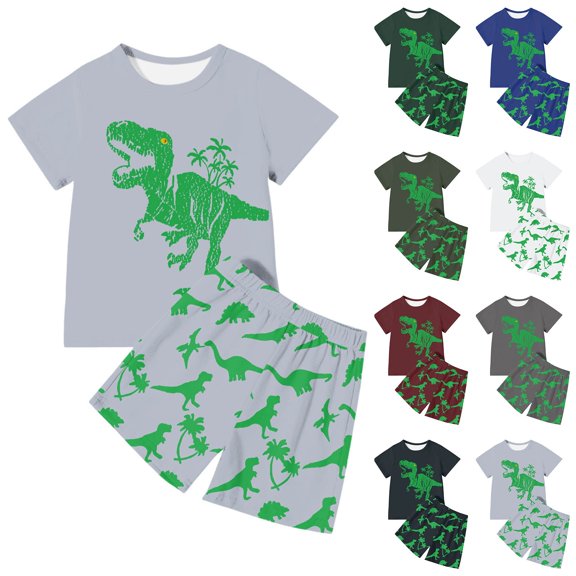 Boy Outfits Kids Dino Graphic Top and Bottoms Breathable Everyday Wear Set Boys' Clothing Sets Army Green 3-4 Years