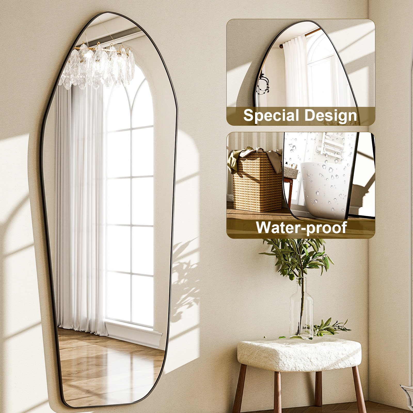 BEAUTYPEAK 24"x 67" Full length Irregular Mirror with Alumnium Frame Floor Mirror, Black