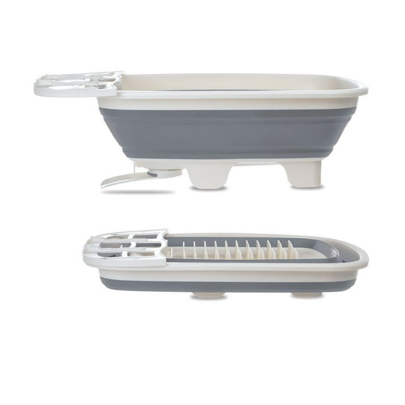 Starfrit Collapsible Dish Drainer with Swivel Spout, Compact Storage, Utensil Rack for Wine Glasses, Fits Large Pots & Pans, No Drain Tray Needed, Dishwasher Safe, Compact and versatile, this Starfrit collapsible dish drainer features a swivel spout adjustable for any countertop side. It collapses to 1/3 height for easy storage, includes a sliding utensil rack for wine glasses, and fits large pots. Dishwasher safe.