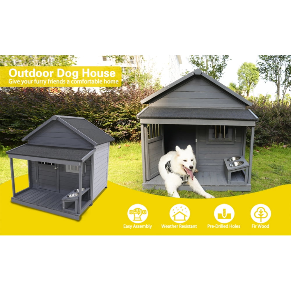 44.2" Weatherproof Solid Wood Dog House with Terrace & Lockable Door