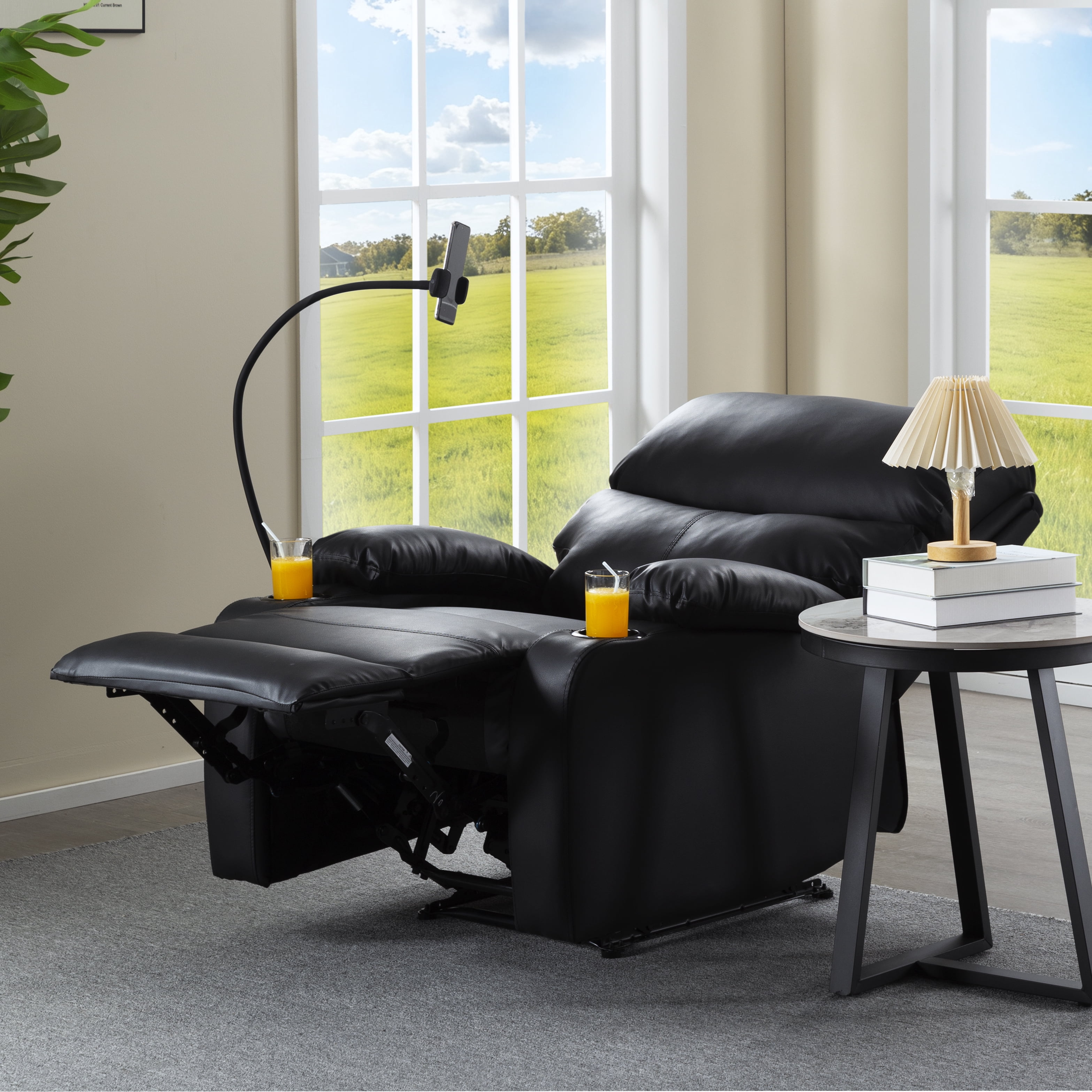 Gewnee Manual Reclining Chair,PU Leather Modern Overstuffed Recliner with Cup Holders & Phone Holder,Single Sofa for Living Room and Bedroom.