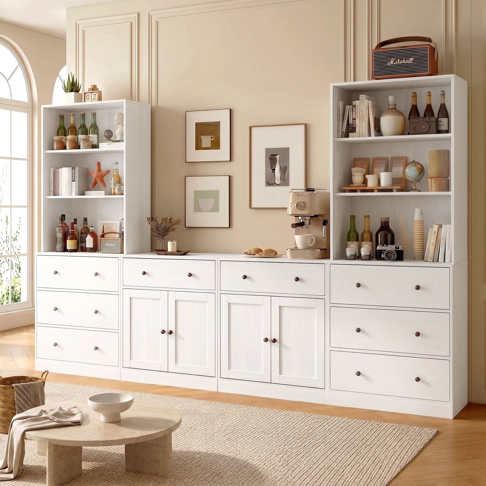 RichYa Kitchen Pantry Storage Cabinets,94.4''W Modular Furniture Cabinets with Hutch,Sideboard Buffet Cabinet with Doors and Shelves for Dining Room,Living Room,White