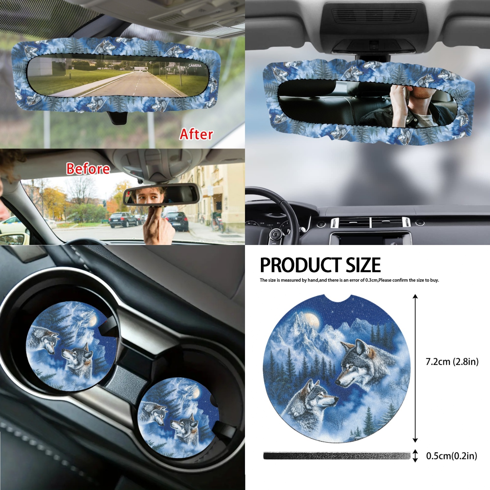 Renewold Wolf Forest Blue 14 PCS Car Seat Covers Set for Men, Auto Seat Protector with Steering Wheel Seat Belt Cover Garbage Bag Armrest Handbrake Rear View Mirror Protector Coasters