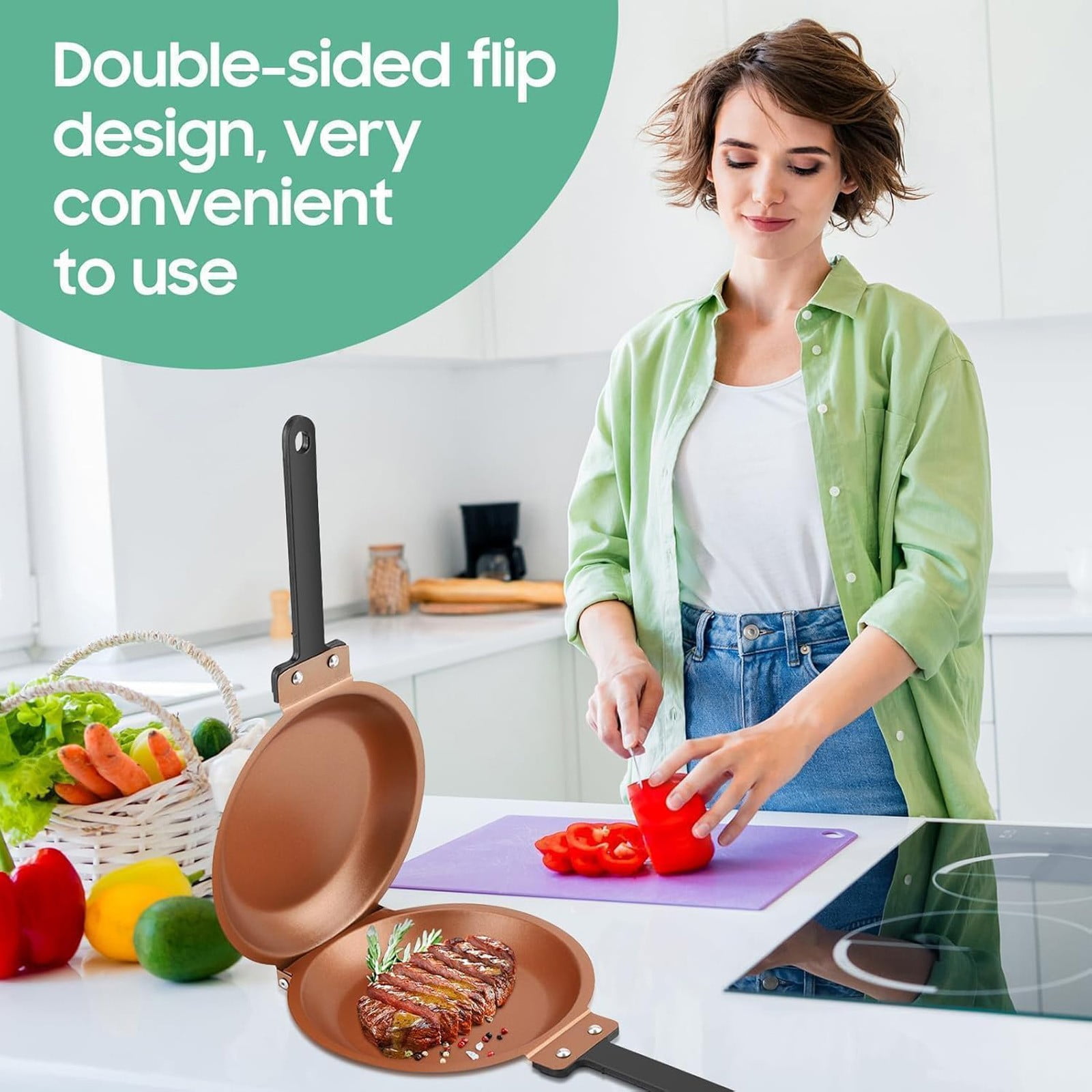 Double Sided Pan Flip Pancake Maker Non Stick Coating Flip Frying Pan For Home Kitchen Cooking(Gold-34X19Cm)