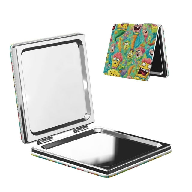 Pofeuu SpongeBob SquarePants pour Miroir de Maquillage Portable de Poche Couverture en PU Miroir de Voyage Compact avec Verre Double Face Normal et Grossissant-Forme Ronde-Carrée