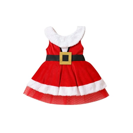 

Baby Girls Christmas Dresses Plush Patchwork Sleeveless Cinched Waist Mesh Layered Dress Kids Xmas Clothing