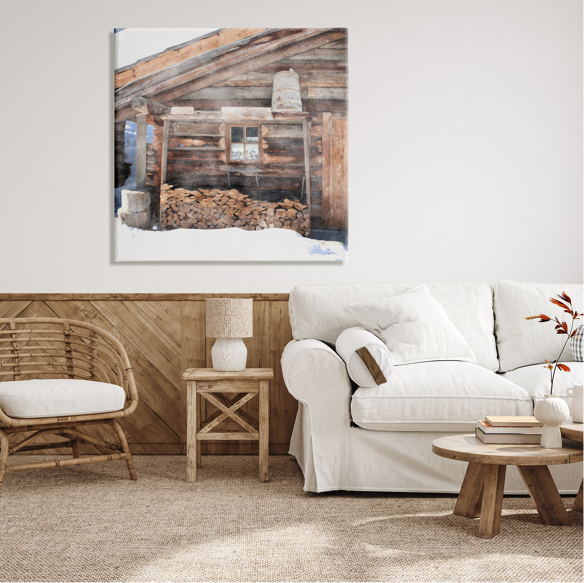 Stupell Industries Lumber at Winter Cabin Travel & Places Painting Gallery Wrapped Canvas Print Wall Art, 36 x 36