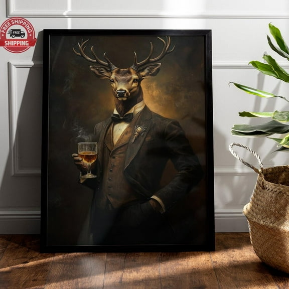 Animal Decor Poster Gift, Stag Drinking Whisky Wall Art Print, Vintage Painting Style Portrait Of Scottish Stag / Deer In Victorian Suit NO FRAMED POSTER