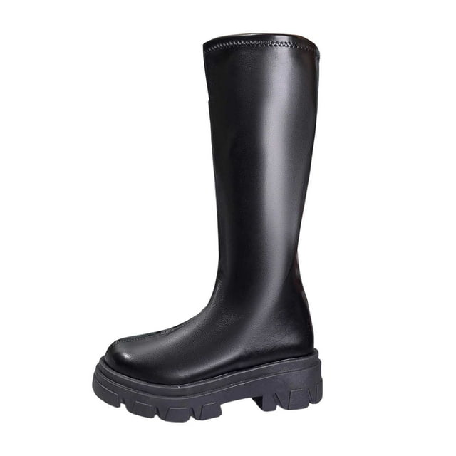 Zhanying Bottes Hautes Noires pour Femmes, Bottes de Combat Mode Plateforme Semelle Crantée Bottes d'Équitation Hautes Confortables Extensibles Mollet Robe Longues Bottes Mode 2025