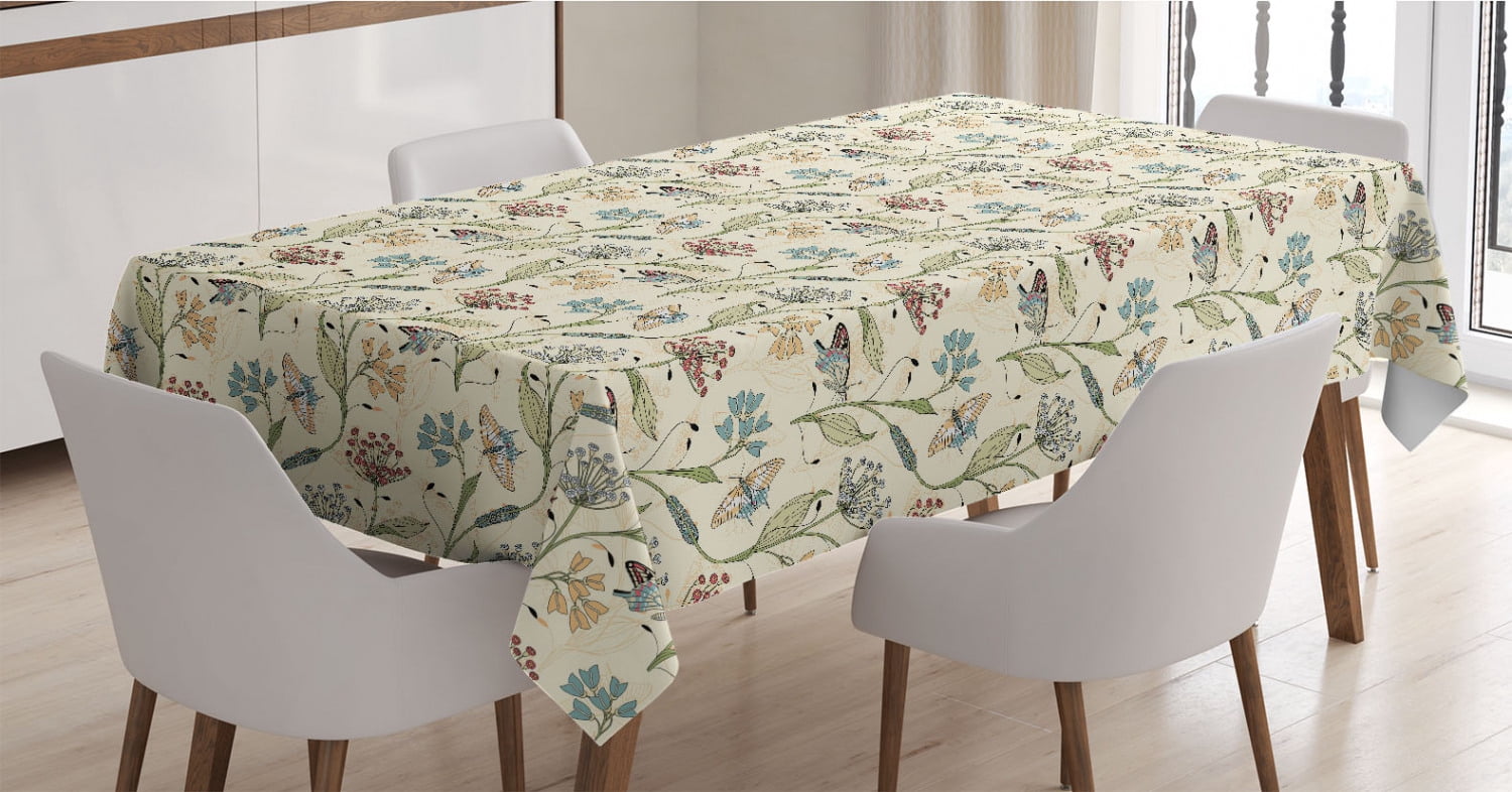 Tablecloth Yellow Insects Botanical Tablecloth, Forest Insects and Flowers Flourishing Pastel ...