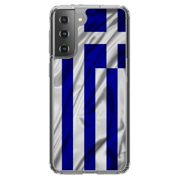 DistinctInk Clear Shockproof Hybrid Case for Galaxy S21  PLUS 5G (6.7" Screen) - TPU Bumper, Acrylic Back, Tempered Glass Screen Protector - Greece Waving Flag