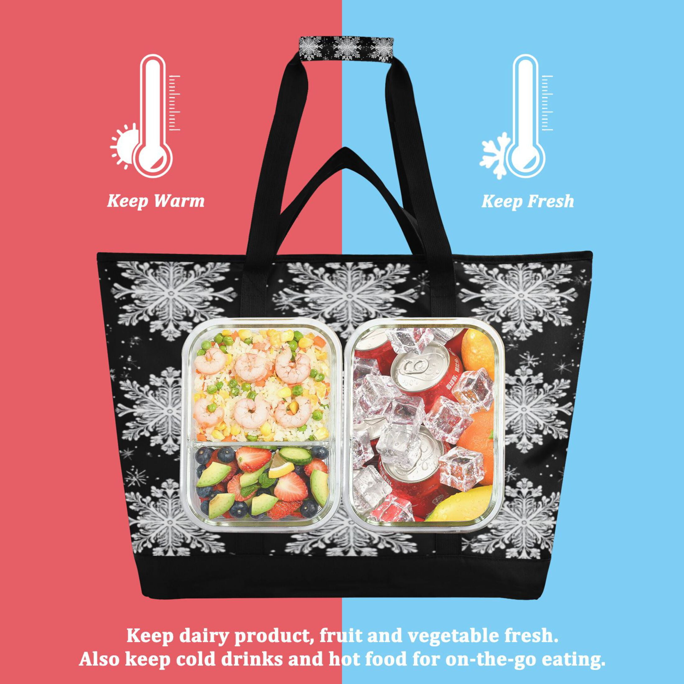Large Hand-held Ice Pack Picnic Bag Insulation and Refrigeration Suitable for Shopping Picnics and Camping Winter Black Snowflakes