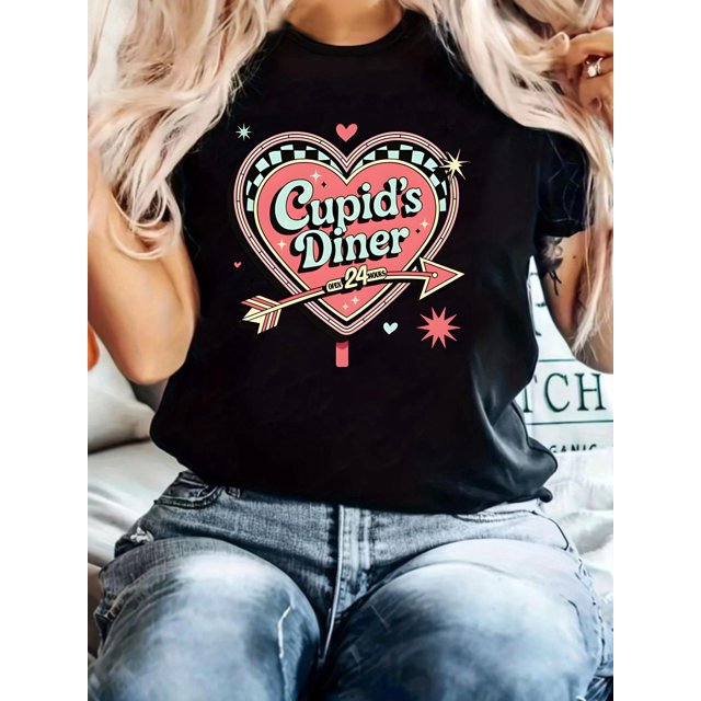 T-Shirt Décontracté à Col Rond pour Femmes avec Imprimé Graphique Cupidon, Manches Courtes, Coupe Régulière, Toutes Saisons Été & Printemps, Tee-Shirt pour Adultes, Hommes, Femmes, Adolescents, Adolescents, Jeunes