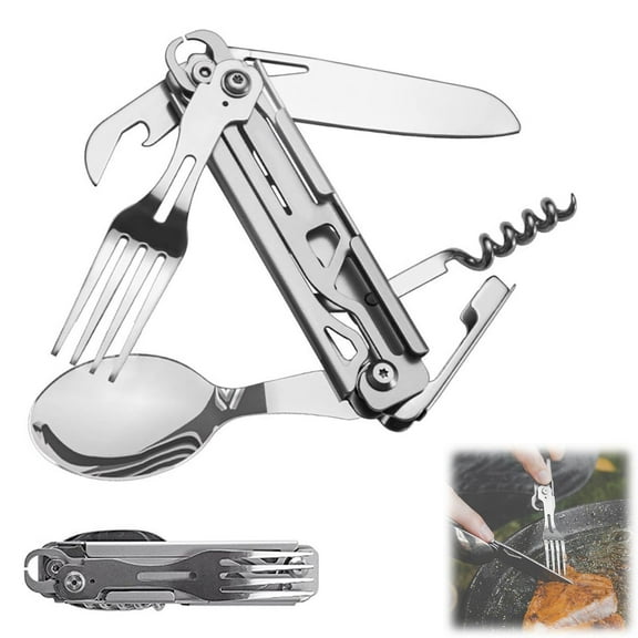 Miayilima Multi Functional Folding Knife 6 In 1 Multifunctional Camping Tableware Tool Portable fork Spoon Smooth for Picnic Hiking for Travelling Bbq Kitchen Appliances