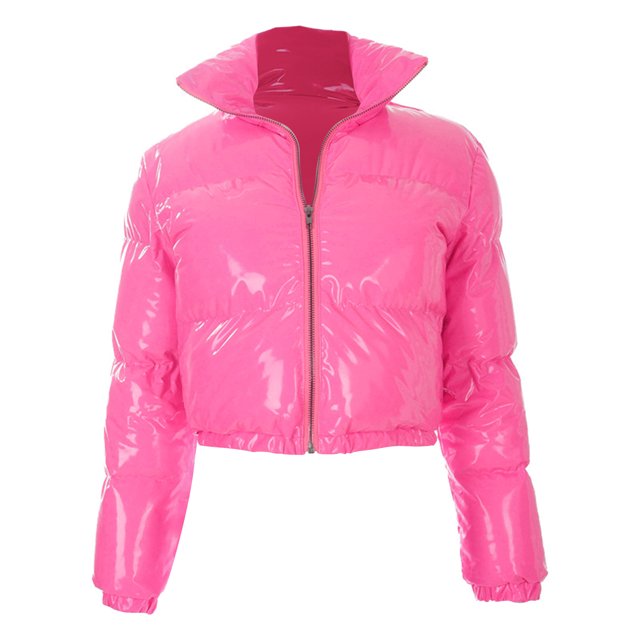 Kmbangi Women Long Sleeve Stand Collar Metallic Quilted Puffer Jackets