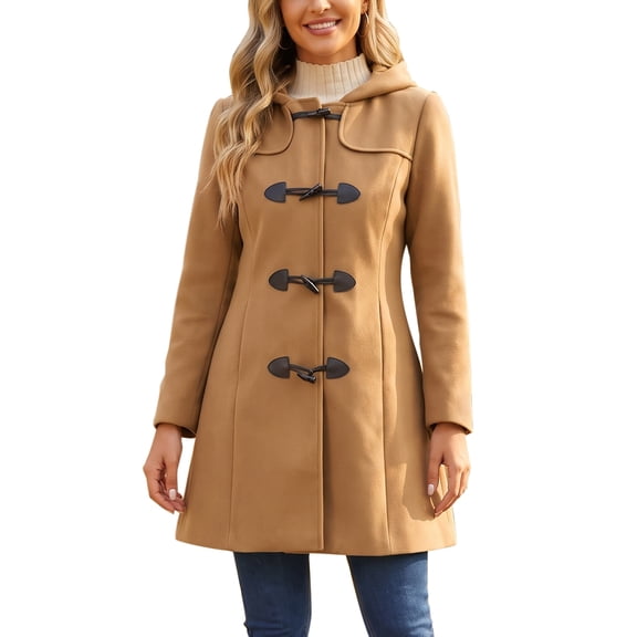 DARING DIVA Women's Winter Coat Toggle Duffle Long Hooded Peacoat Overcoat XS Camel