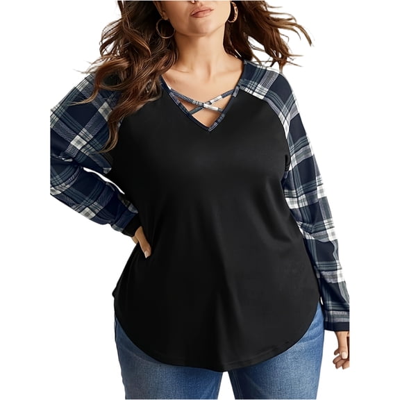 WTOBBY Women's Casual Fashion Plus Size Checkered Print Patchwork Long Sleeve V-Neck Top, Chic Boho Style Blouse for Curvy Women,Black 2XL