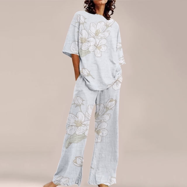 Ensembles de Pyjama pour Femmes Adapté Été Col Rond Manches Courtes Imprimé Floral Haut Chemise avec Pantalon Grande Taille 2 Ensemble L