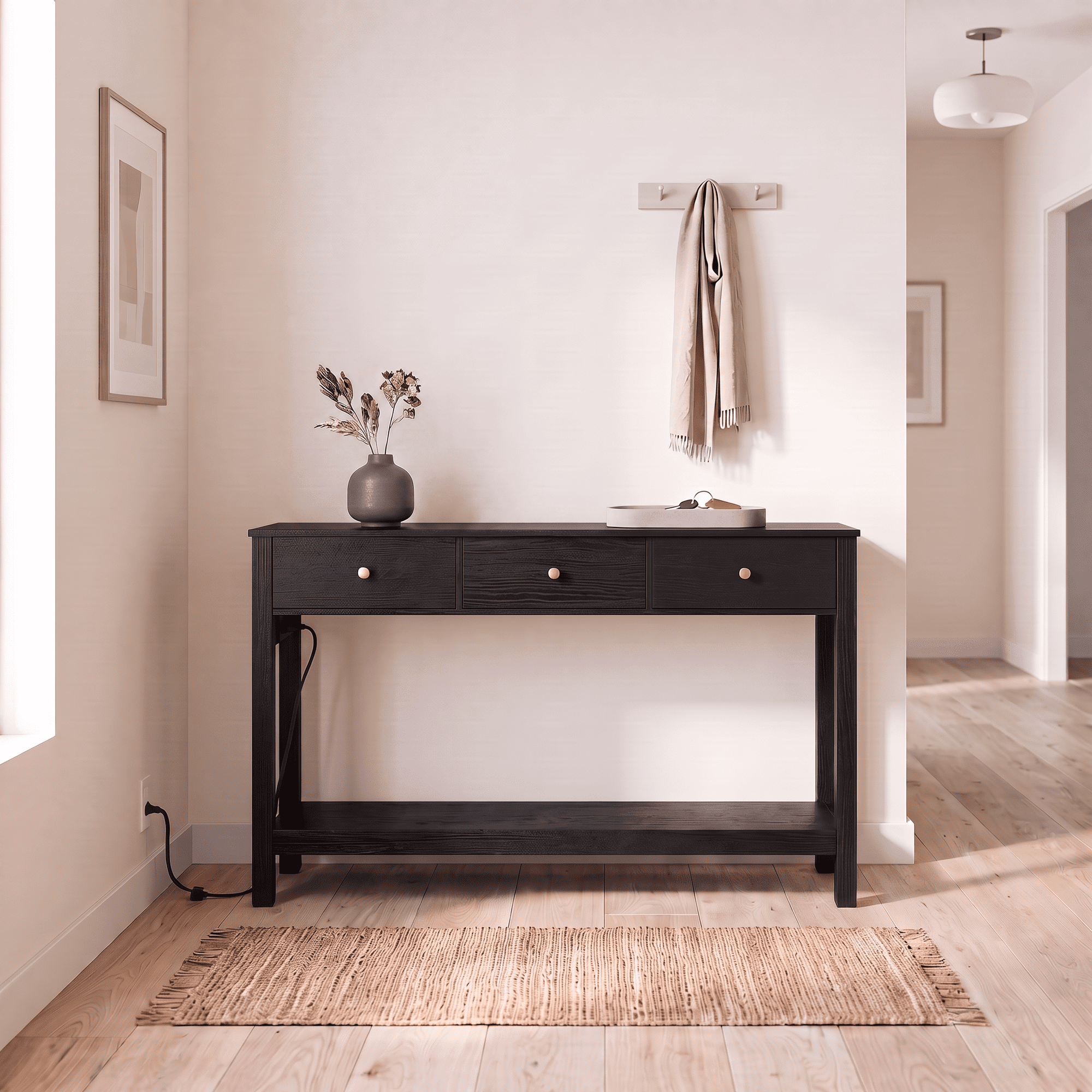 Asofer 3 Drawer Console Sofa Table with Charging Station, Wooden Entryway Accent Table with Outlets & USB Ports, Modern Side Table with Metal Round Handles for Hallway Living Room, Black