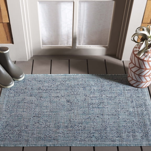 SAFAVIEH Courtyard Darin Botanical Indoor/Outdoor Area Rug, Aqua/Navy, 2' x 3'7"