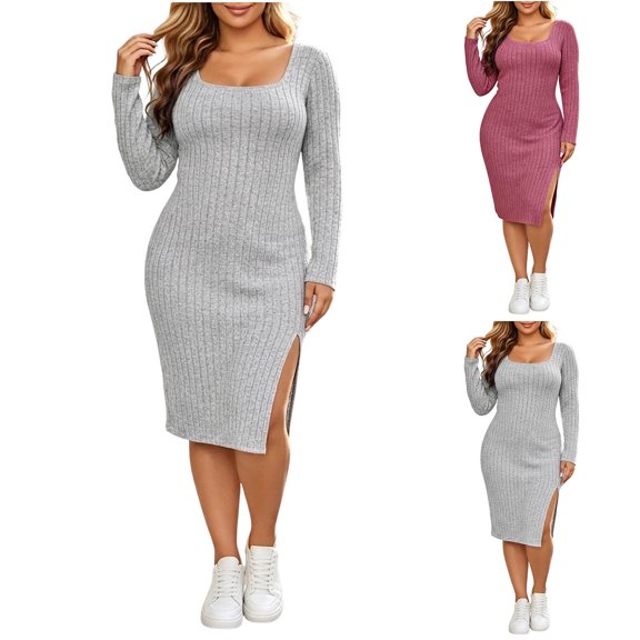 Idoravan Women Plus Size Bodycon Long Sleeves Solid Color Round Neck Side Slit Dress Women Fall Winter Dress Knitted Pullover Dresses