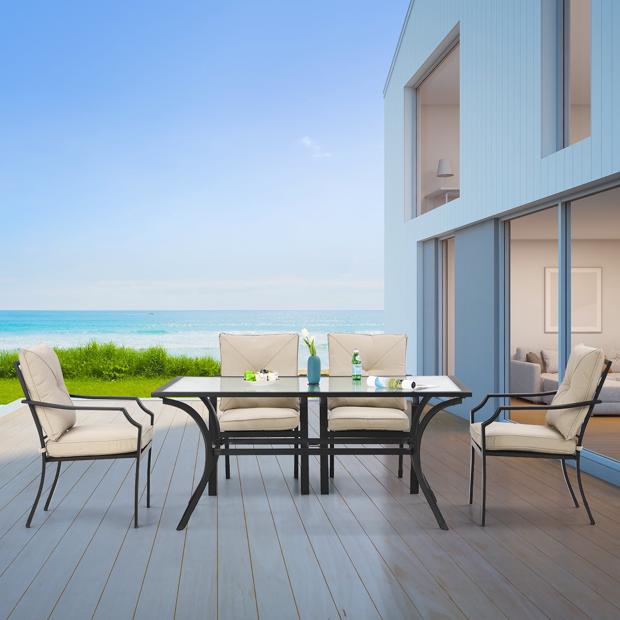 Costway 5PCS Patio Dining Set Stack Chairs Cushioned Glass Table Umbrella Hole