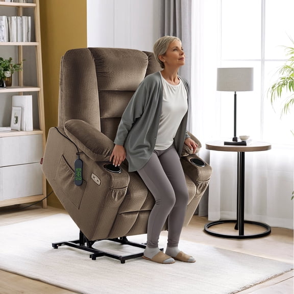 MCombo Small Power Lift Recliner Chair Sofa with Massage and Heat for Elderly People, Extended Footrest, Hand Remote Control, Cup Holders, USB Ports, Fabric 7569 (Small, Brown)