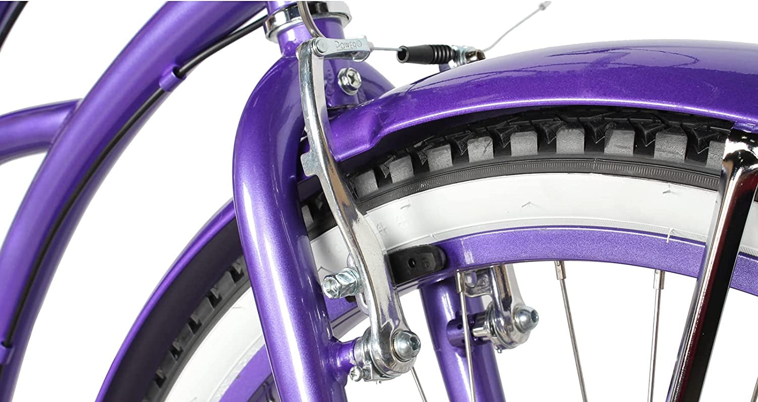 WonderWheels 26" Beach Cruiser Coaster Brake Stainless Steel Spokes One Piece Crank Alloy Orange Rims 36H W/ Fenders - Purple
