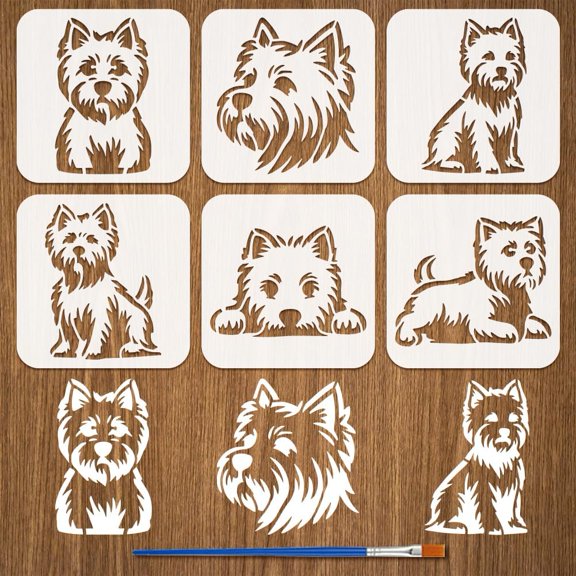 6Pcs 6 Styles PET Hollow Out Drawing Painting Stencils for DIY Scrapbook Photo Album Dog 150x150mm 1pc/style White