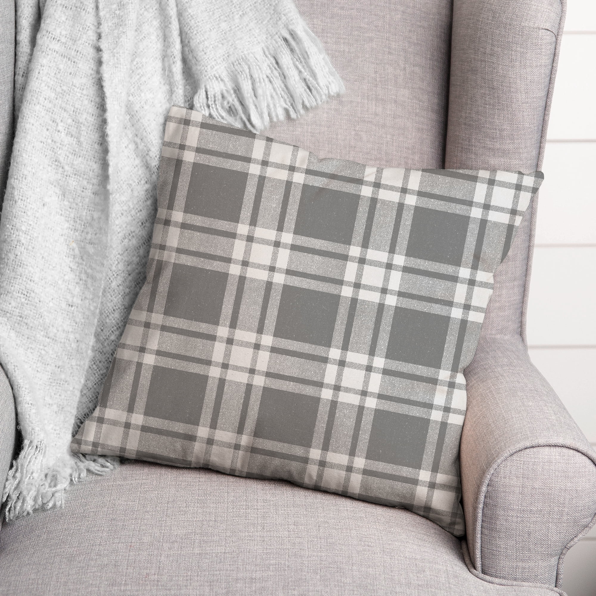 Creative Products Distress Plaid Gray 18 x 18 Indoor / Outdoor Pillow