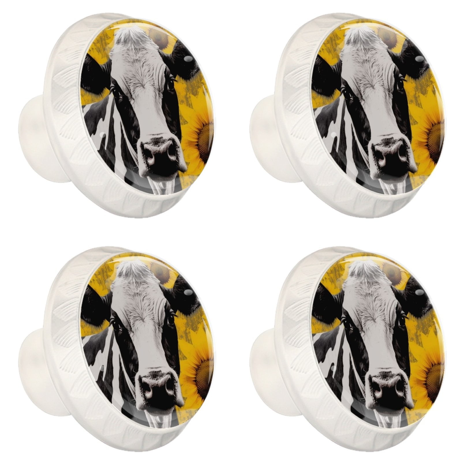 4 Pcs Cow and Sunflower Knobs for Kitchen Cabinet Cupboard Dresser Bookcase Drawer Pulls Handles Round Home Decor