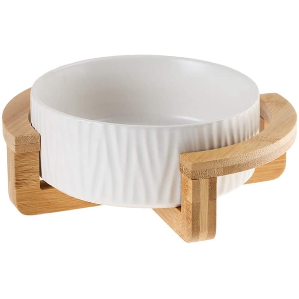 Green 5 inch Ceramic Cat Bowl with Wood Stand No Spill Pet Food Water ...