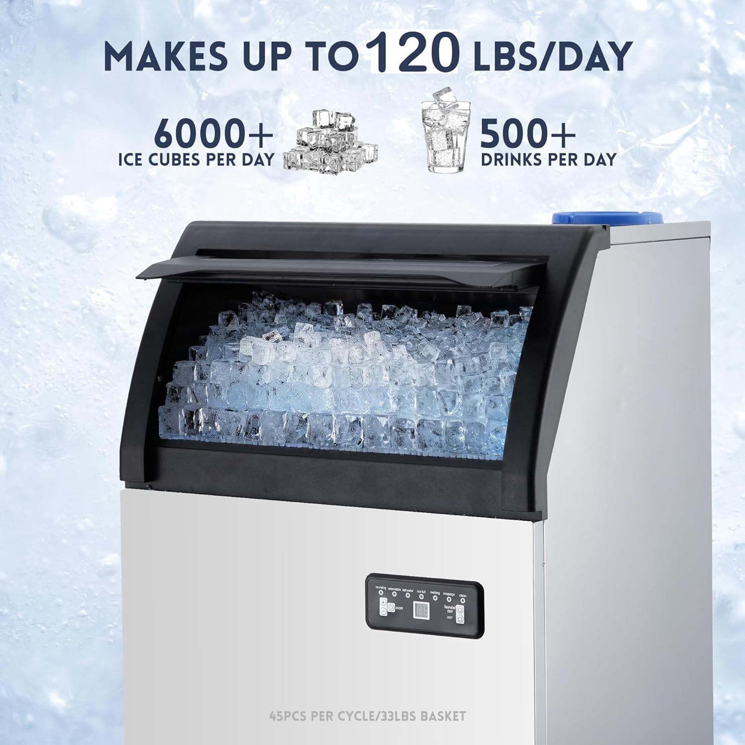 Homhougo Commercial Ice Maker Machine, 120lbs/24H Under Counter Ice Maker, 1 Water Inlet Modes, 33lbs Ice Storage Capacity, Freestanding Ice Maker for Home, Bar, Party, Cafes, Businesses