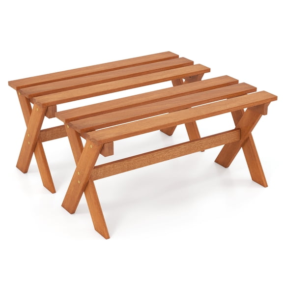 Gymax 36'' Outdoor Solid Wood Bench w/ Teak Oil Finish & Slatted Seat for Porch