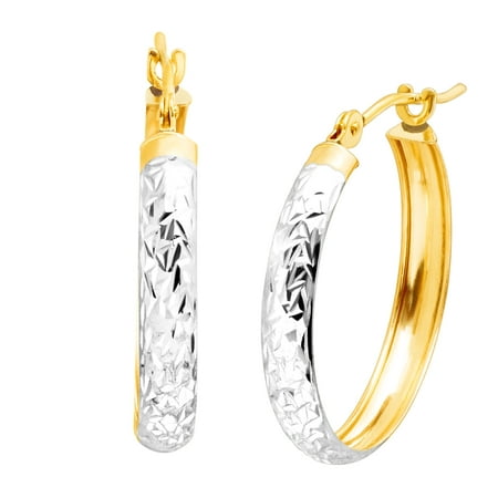 Just Gold Etched Hoop Earrings with Rhodium in 14kt Gold