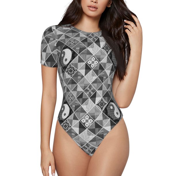 Balery Yin Yang With Black And White Body de cuello redondo de manga corta para mujer Tops de manga corta Tops básicos-Small
